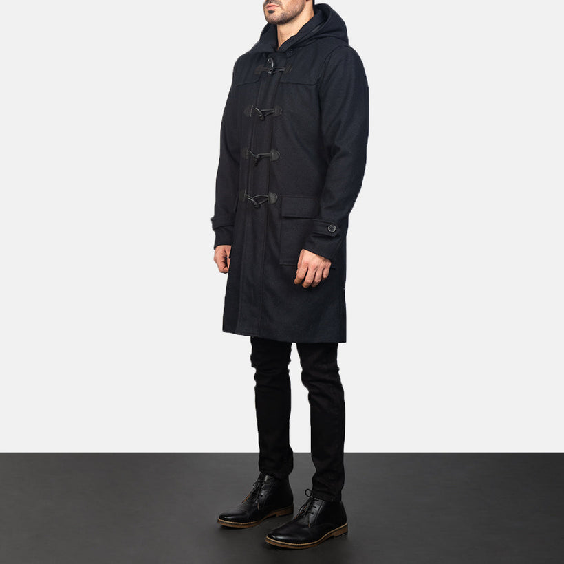 Drake Noir Wool Hooded Duffle Manteau en Cuir