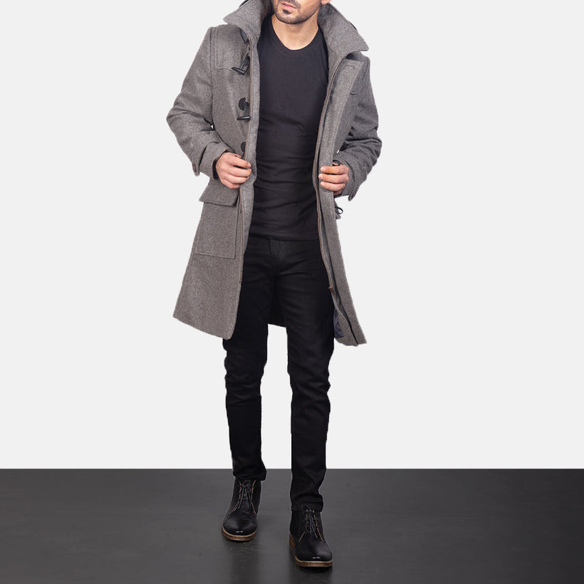 Drake Gris Wool Hooded Duffle Manteau en Cuir