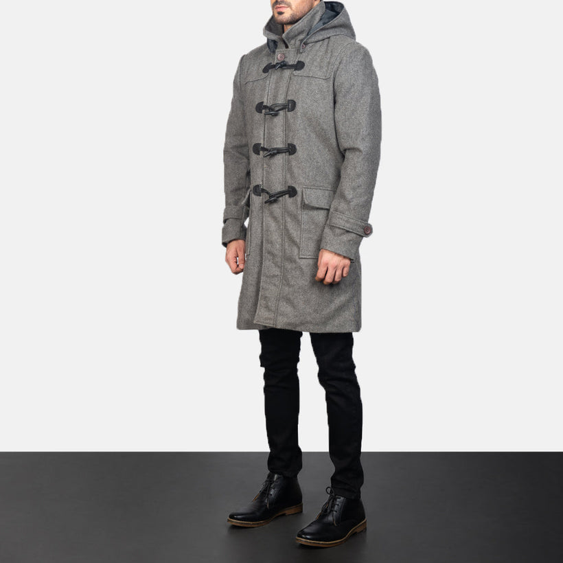 Drake Gris Wool Hooded Duffle Manteau en Cuir