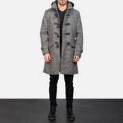 Vue détaillée of Shirt with Removable Hood &amp; Toggle Buttons with Placket &amp; Zipper Hardware on Men's Grey Wool Duffle Coat