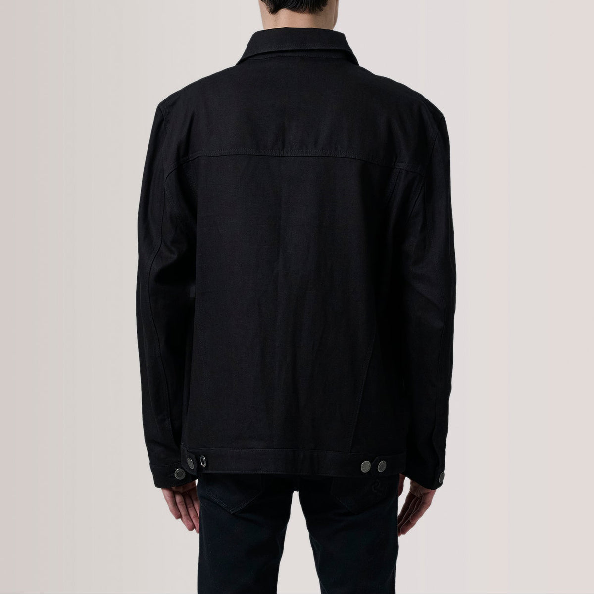 
Vue détaillée of Classic Collar & Heavy-Duty Zipper Hardware on Eddie Noir Oversized Denim Trucker Veste en Cuir pour Homme For Men