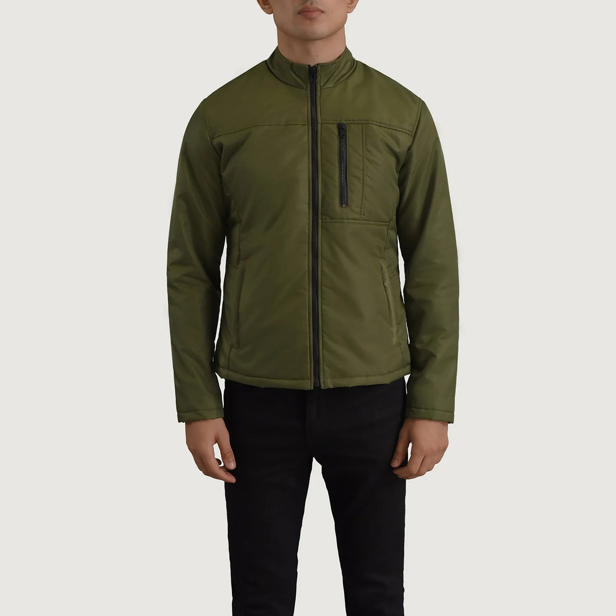 Vue détaillée of Classic Collar &amp; Zipper Hardware on Elliot Vert Lightweight Veste en Cuir pour Homme