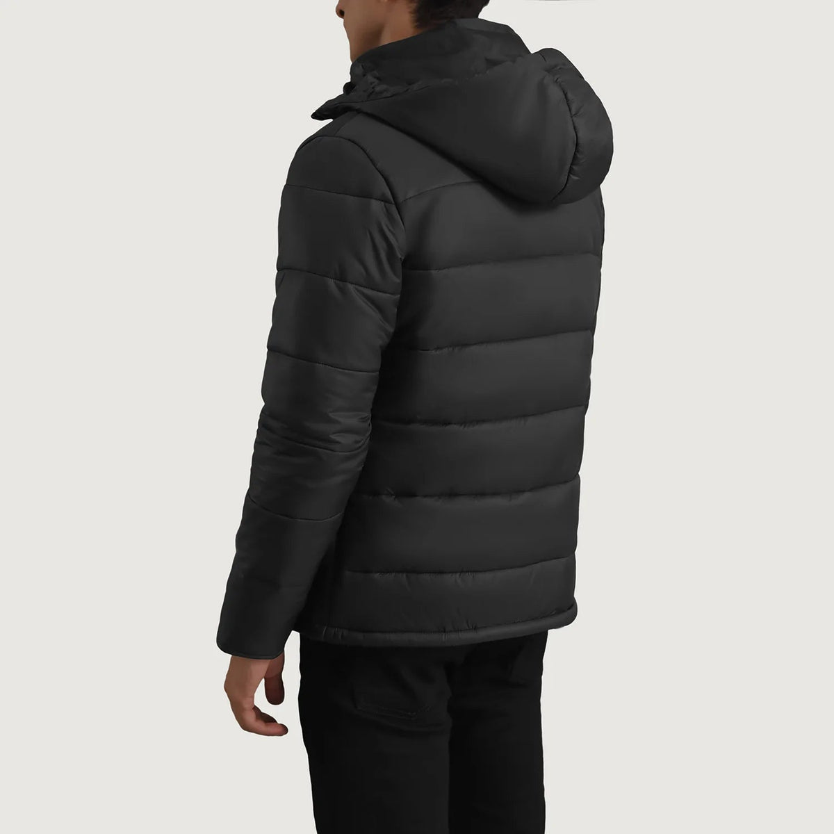 
Vue détaillée of Classic Collar & Zipper With Wind Flap Hardware on Erico Noir Hooded Puffer Veste en Cuir pour Homme