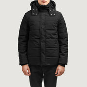 
Exton Noir Hooded Down Puffer Veste en Cuir pour Homme en cuir de vachette noir véritable - Vue de face & silhouette ajustée | Acheter en ligne
