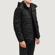 
Black Full-Grain Leather Hooded Jacket - Vue arrière montrant la carrure ajustée et l'ourlet net