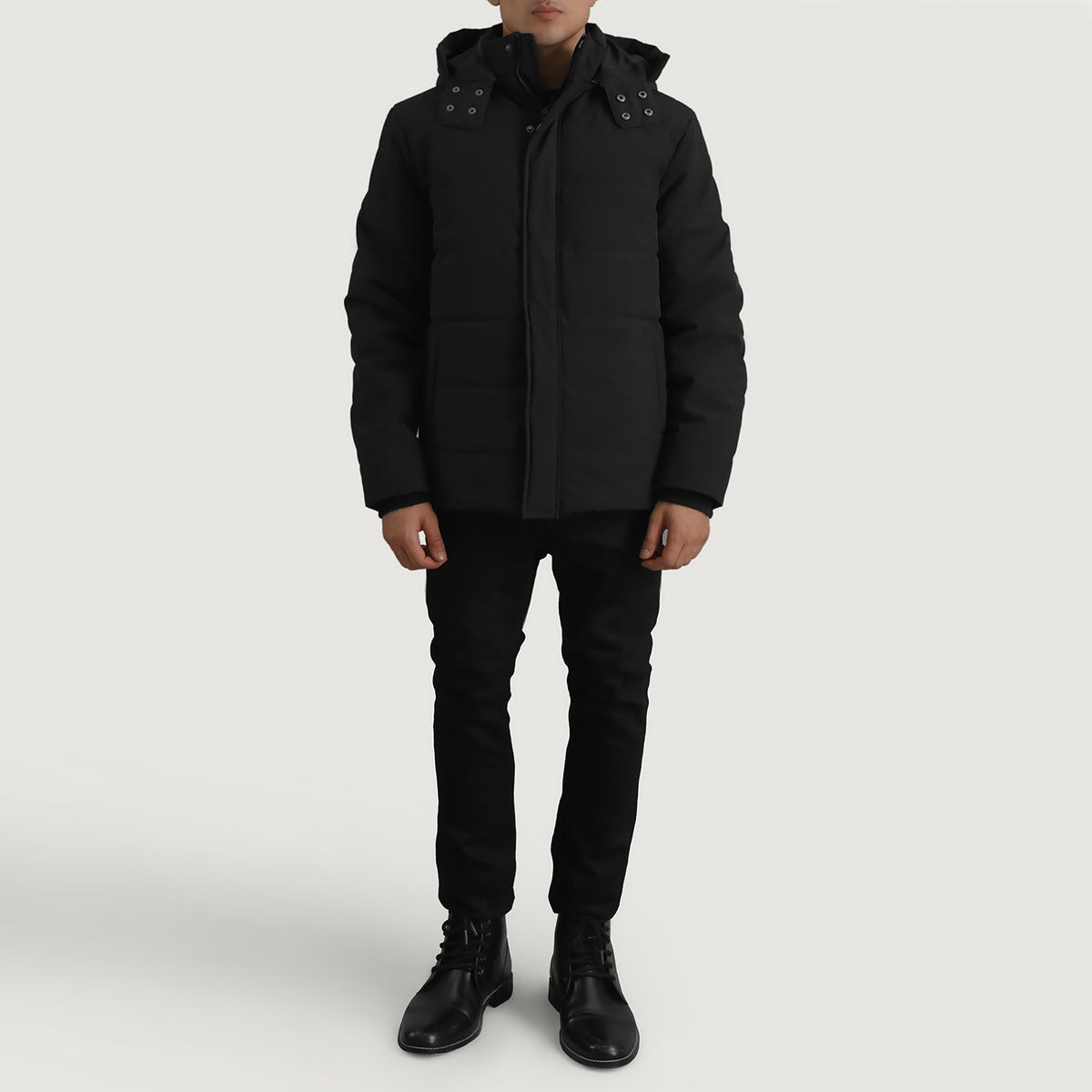 
Vue détaillée of Classic Collar & Zipper With Placket. Hardware on Exton Noir Hooded Down Puffer Veste en Cuir pour Homme