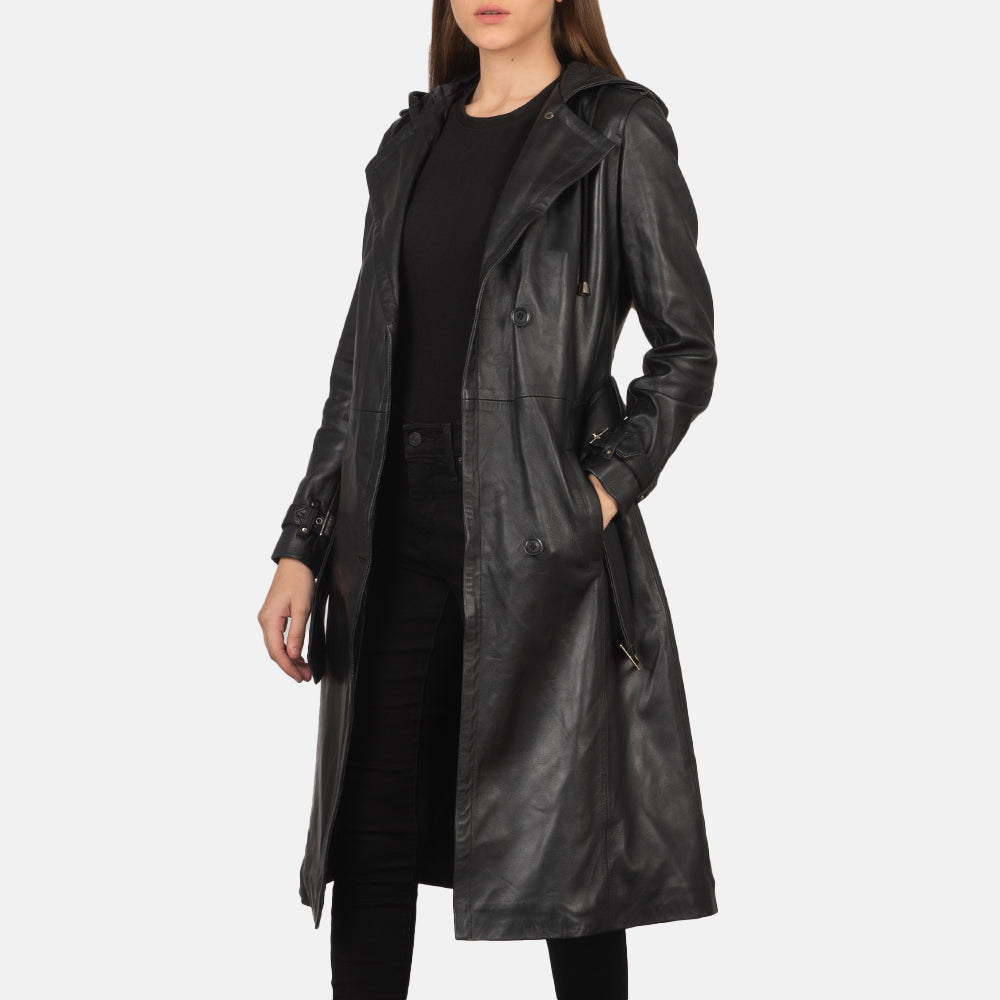 
Fixon Hooded Noir Trench-coat en Cuir pour Femme in Black Sheepskin Leather - Vue de face & silhouette ajustée | Acheter en ligne