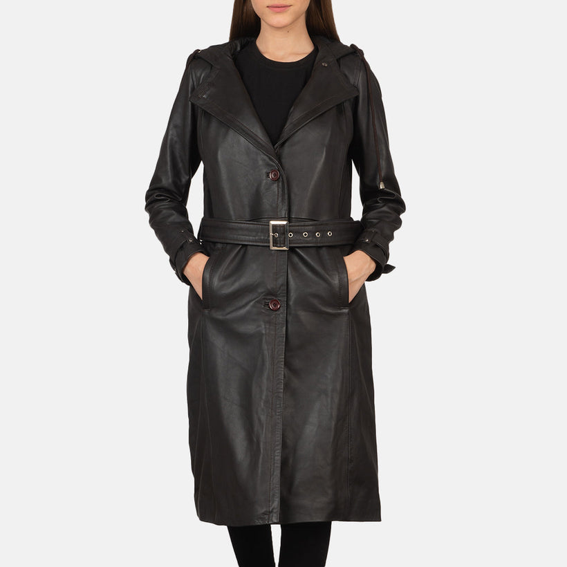 Fixon Hooded Marron Trench-Manteau en Cuir en Cuir pour Femme