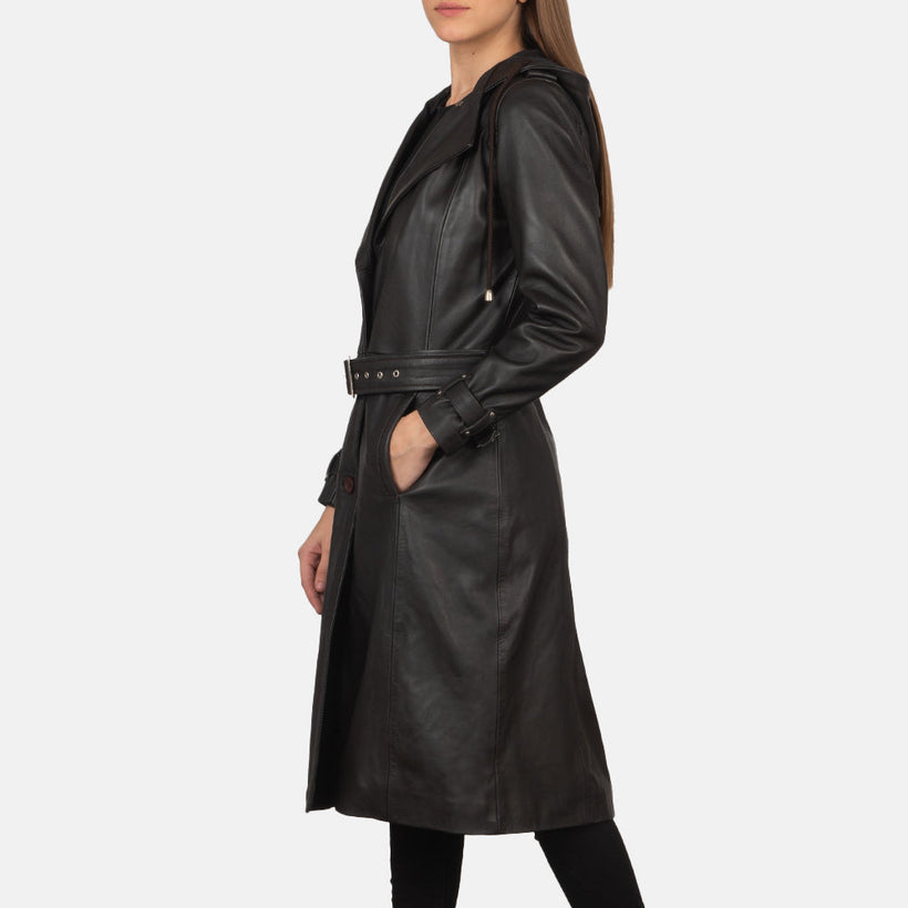 Fixon Hooded Marron Trench-Manteau en Cuir en Cuir pour Femme