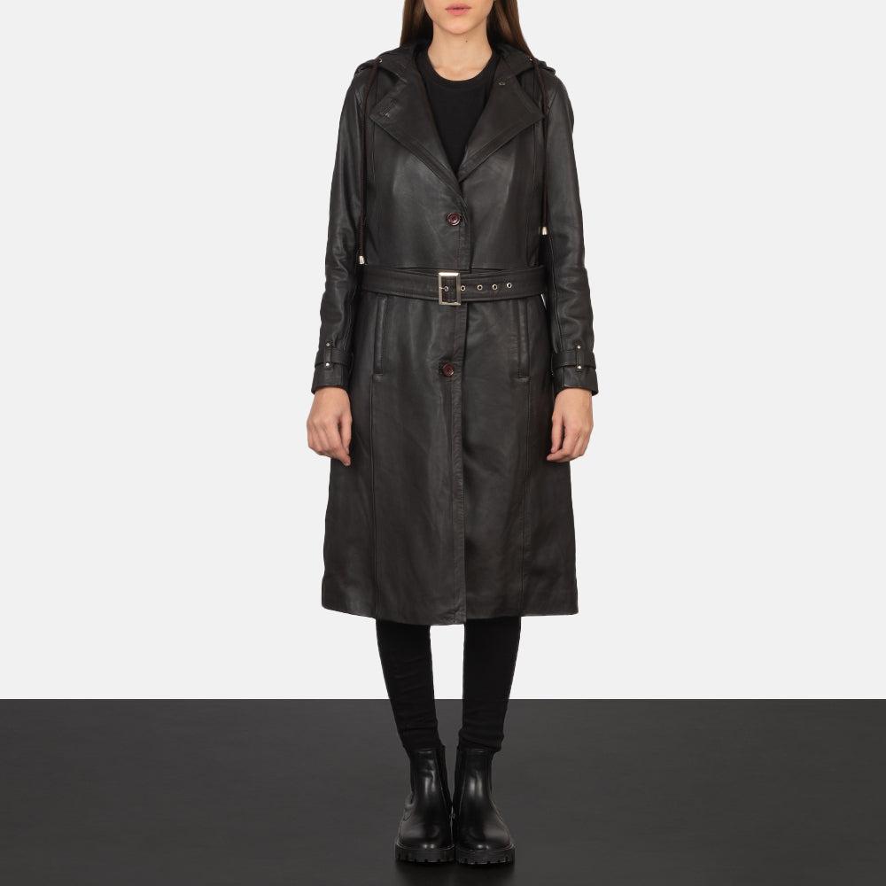 
Fixon Hooded Marron Trench-coat en Cuir pour Femme - Vue de profil mettant en valeur la coupe de manche ergonomique