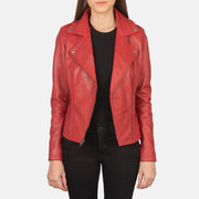 Women's Flashback Red Leather Biker Jacket - Vue de profil avec coupe de manche ergonomique
