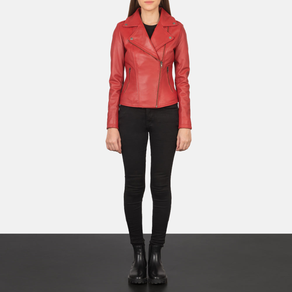 Vue détaillée of Notch &amp; Zipper Hardware on Women's Flashback Red Leather Biker Jacket