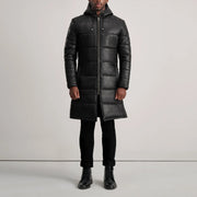 
Floyd Tan Hooded Leather Puffer Coat - Vue de profil mettant en valeur la coupe de manche ergonomique