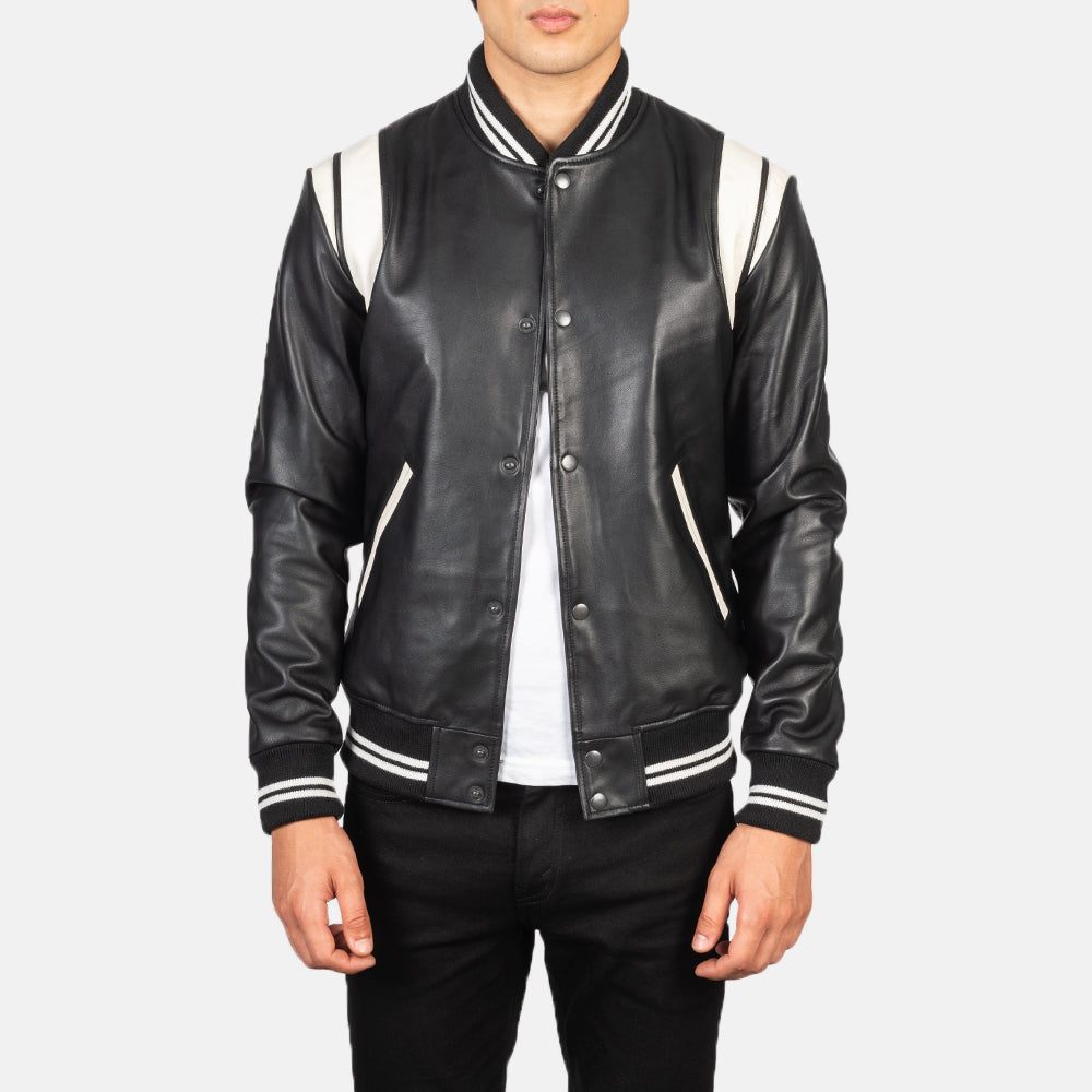 Men's Dantee Black Leather Varsity Jacket in Black &amp; White Sheepskin Leather - Vue de face &amp; silhouette ajustée | Acheter en ligne