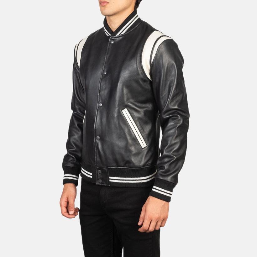 [FS] Dantee Noir Leather Varsity Veste en Cuir pour Homme