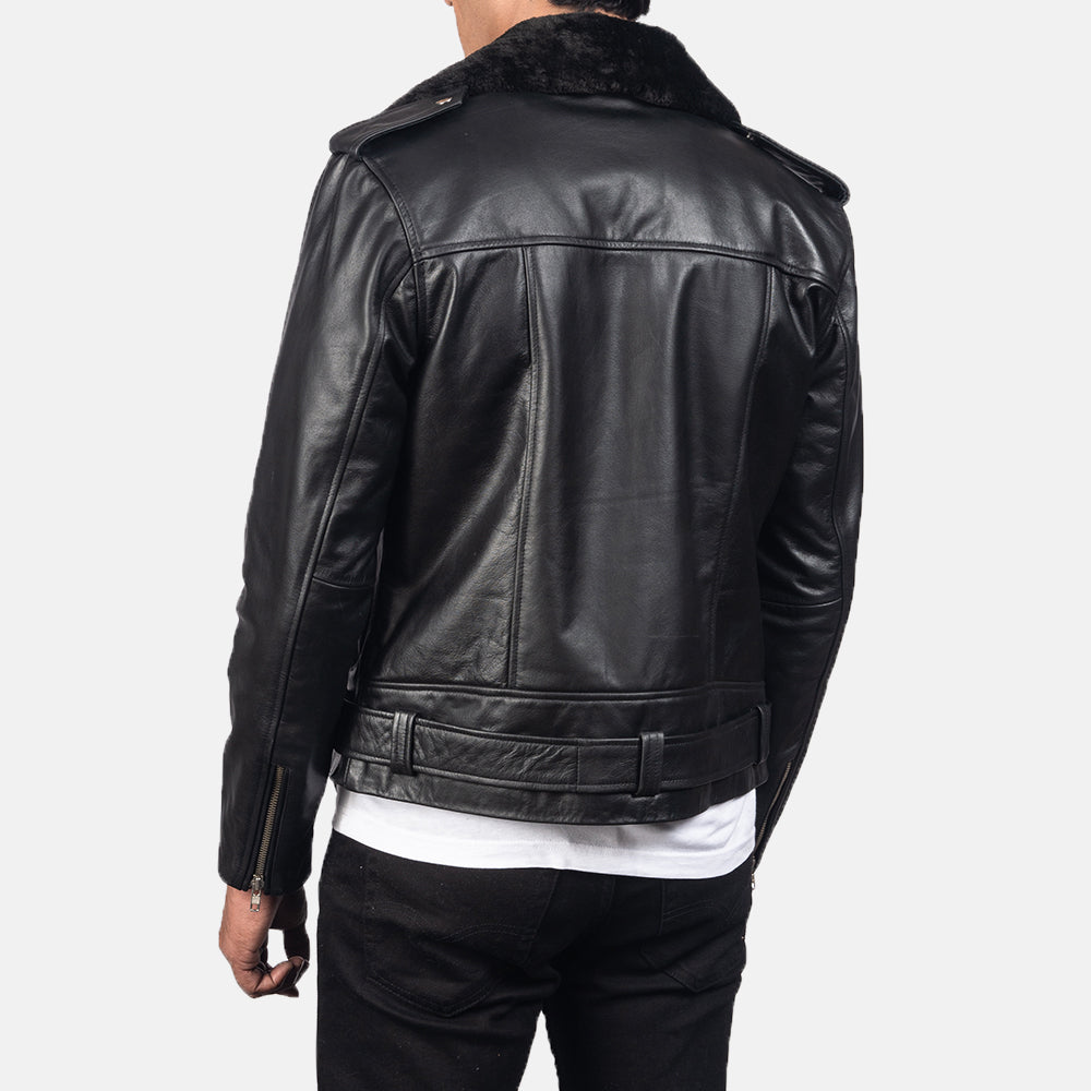 Vue détaillée of Notch with Removable Fur &amp; Zipper with Waist belt Hardware on Men's Furton Black Leather Biker Jacket
