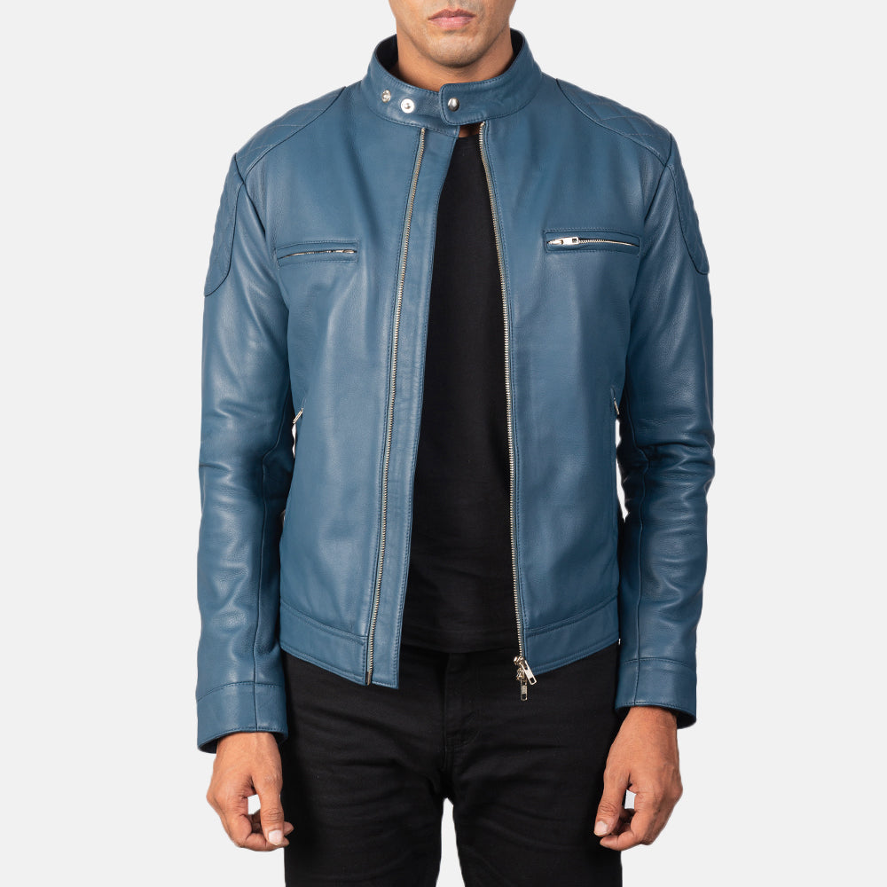 Men's Gatsby Quilted Blue Leather Biker Jacket in Blue Sheepskin Leather - Vue de face &amp; silhouette ajustée | Acheter en ligne