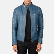 Men's Gatsby Quilted Blue Leather Biker Jacket in Blue Sheepskin Leather - Vue de face &amp; silhouette ajustée | Acheter en ligne