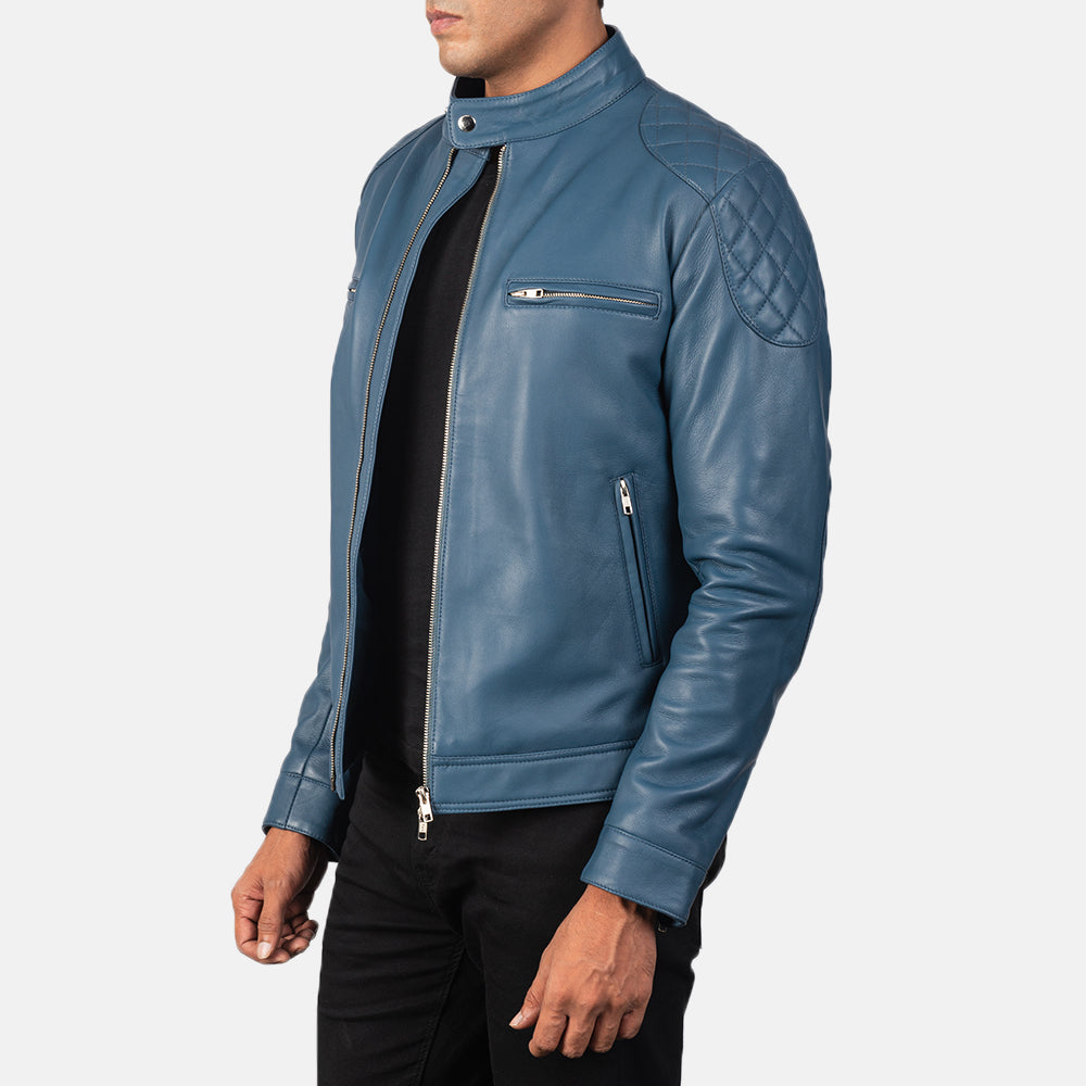 Blue Sheepskin Leather Biker Jacket - Vue de dos avec coupe ajustée aux épaules &amp; ourlet soigné