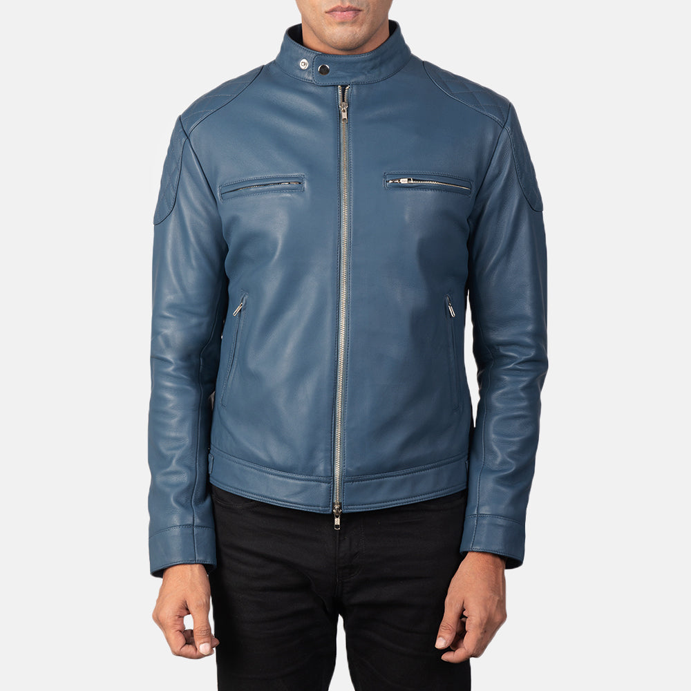 Vue détaillée of Band with snap buttons &amp; Zipper Hardware on Men's Gatsby Quilted Blue Leather Biker Jacket