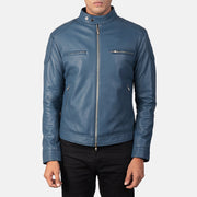 Vue détaillée of Band with snap buttons &amp; Zipper Hardware on Men's Gatsby Quilted Blue Leather Biker Jacket