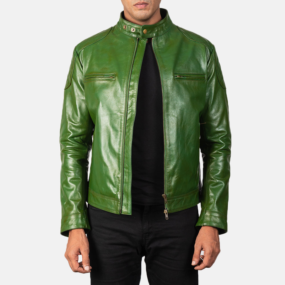 
Gatsby Quilted Green Leather Biker Jacket in Green Sheepskin Burnishing - Vue de face & silhouette ajustée | Acheter en ligne