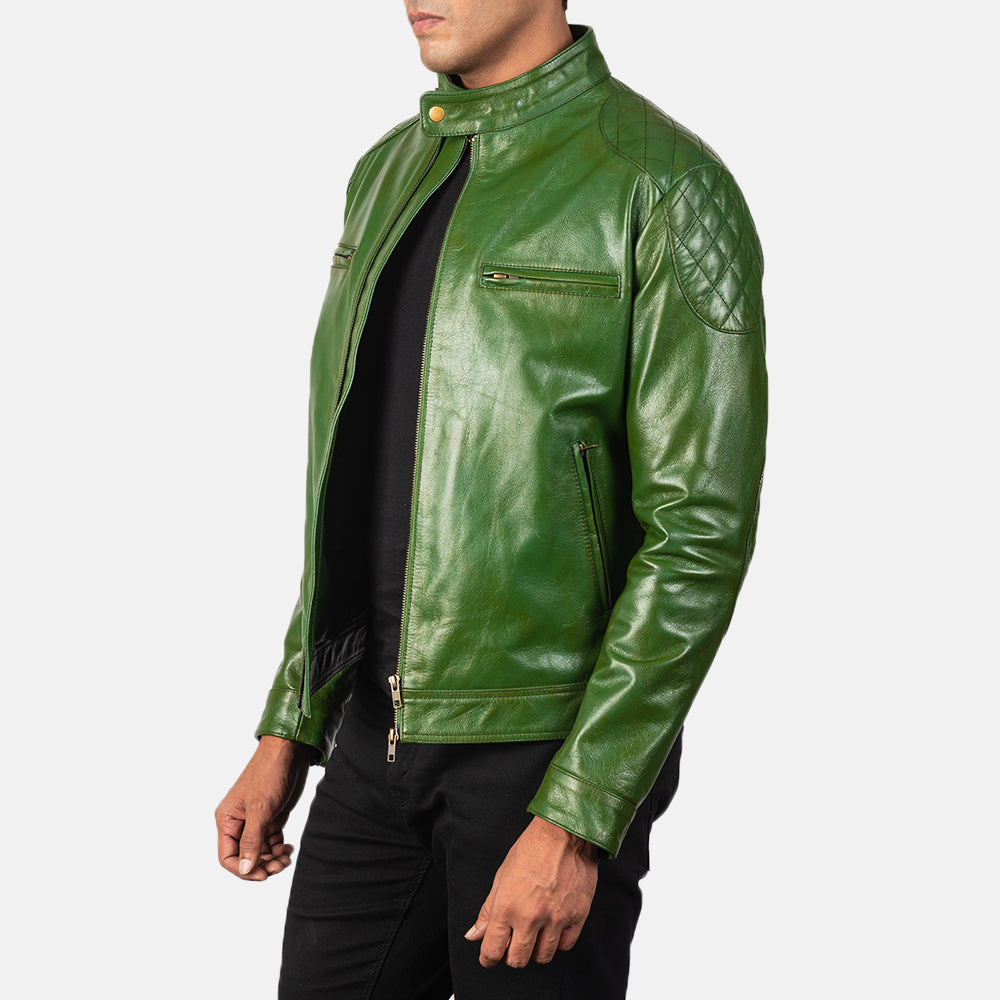 
Green Sheepskin Burnishing Biker Jacket - Vue arrière montrant la carrure ajustée et l'ourlet net