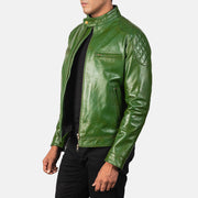 
Green Sheepskin Burnishing Biker Jacket - Vue arrière montrant la carrure ajustée et l'ourlet net