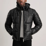 
Gordon Tan Hooded Leather Puffer Jacket in Tan Brown Sheepskin Leather - Vue de face & silhouette ajustée | Acheter en ligne