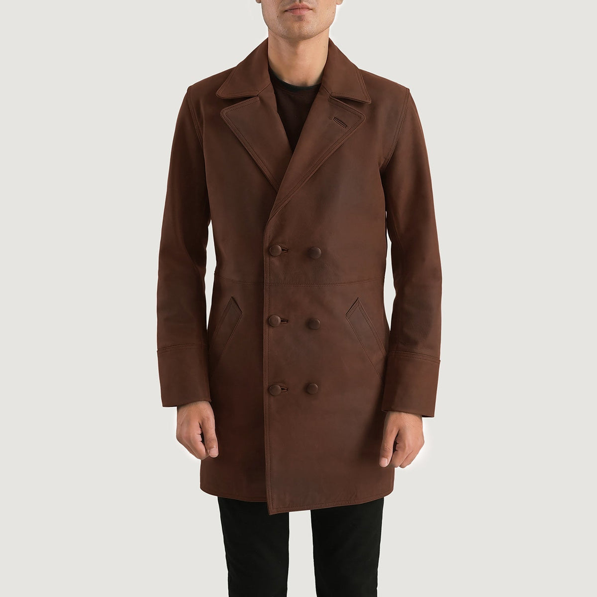 Men's Half Life Brown Leather Coat in Distressed Brown Cowhide Leather - Front Profile View & Tailored Silhouette | Buy Online