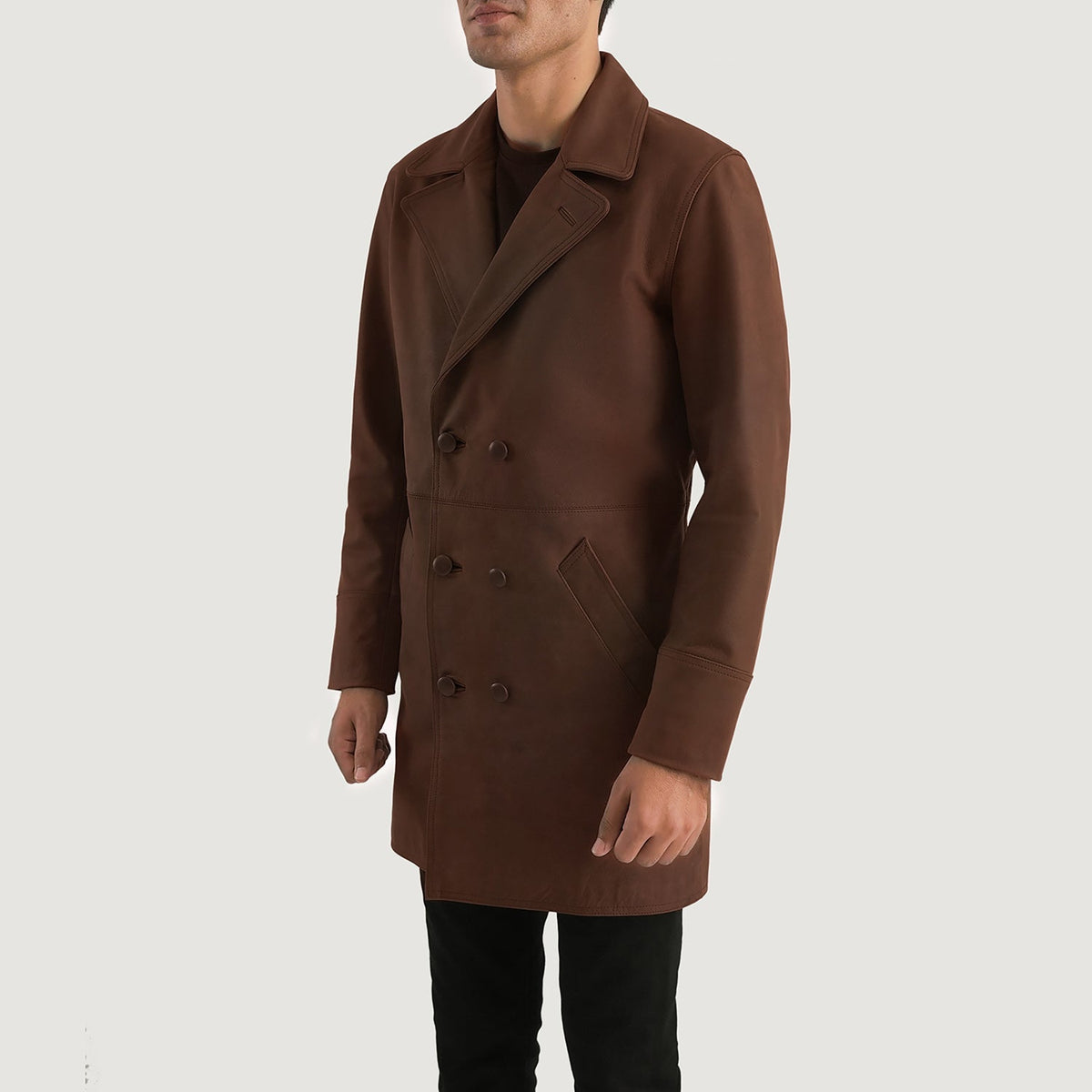 Distressed Brown Cowhide leather Coat - Vue de dos avec coupe ajustée aux épaules &amp; ourlet soigné