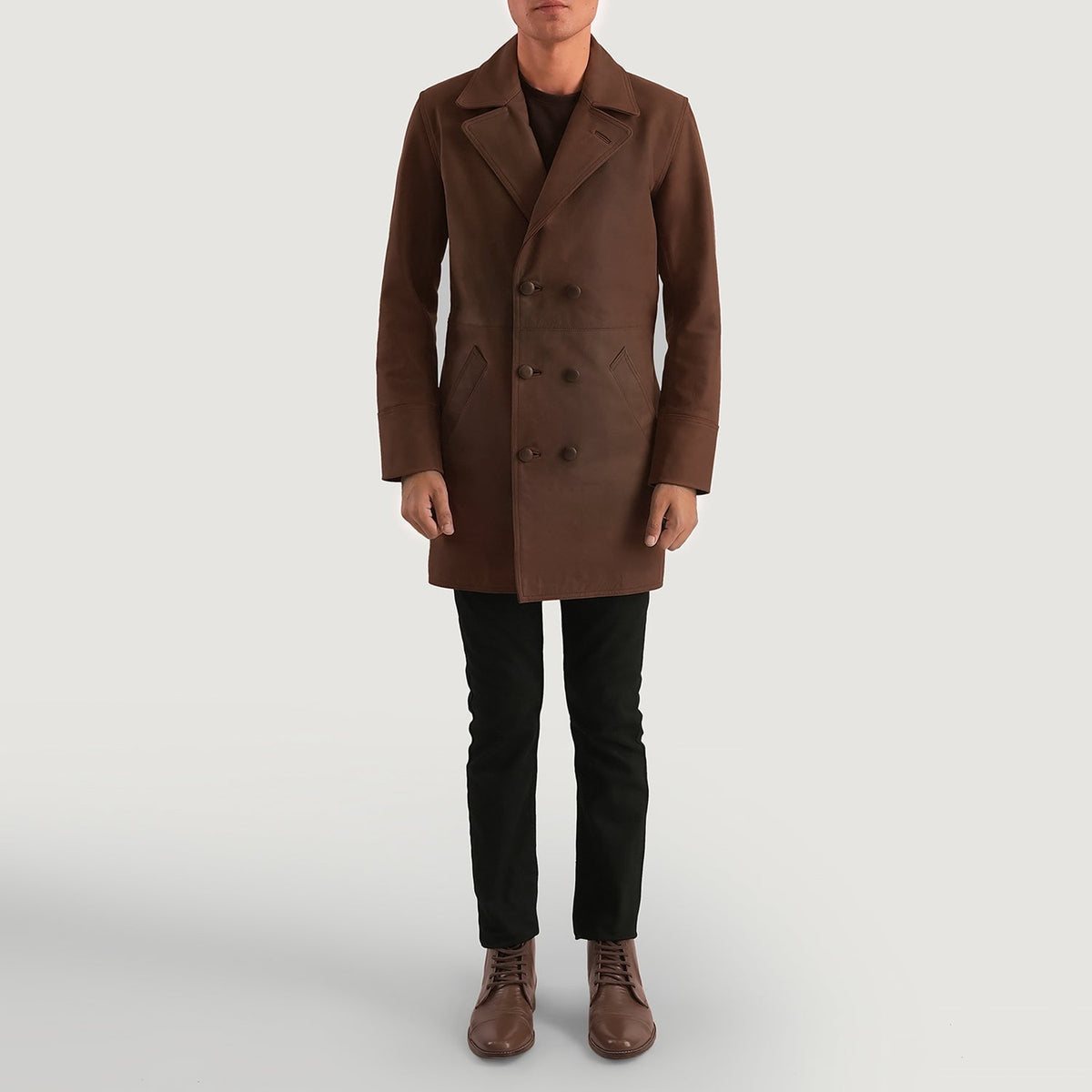 Vue détaillée of Notch &amp; Button Hardware on Men's Half Life Marron Manteau en Cuir pour Homme