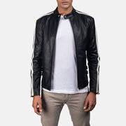 
Hank Noir Veste Motard en Cuir pour Homme in Black & White Cowhide Leather - Vue de face & silhouette ajustée | Acheter en ligne