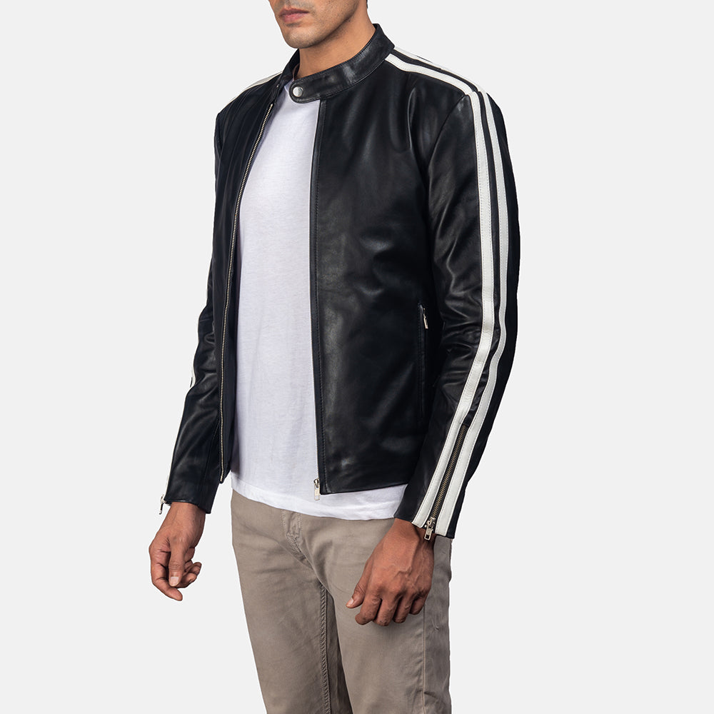 
Black & White Cowhide Leather Biker Jacket - Vue arrière montrant la carrure ajustée et l'ourlet net
