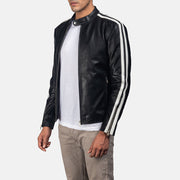
Black & White Cowhide Leather Biker Jacket - Vue arrière montrant la carrure ajustée et l'ourlet net