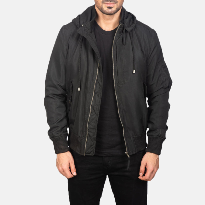 Hanklin MA-1 Noir Hooded Blouson Bombardier en Cuir pour Homme
