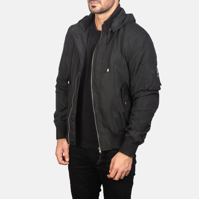 Hanklin MA-1 Noir Hooded Blouson Bombardier en Cuir pour Homme