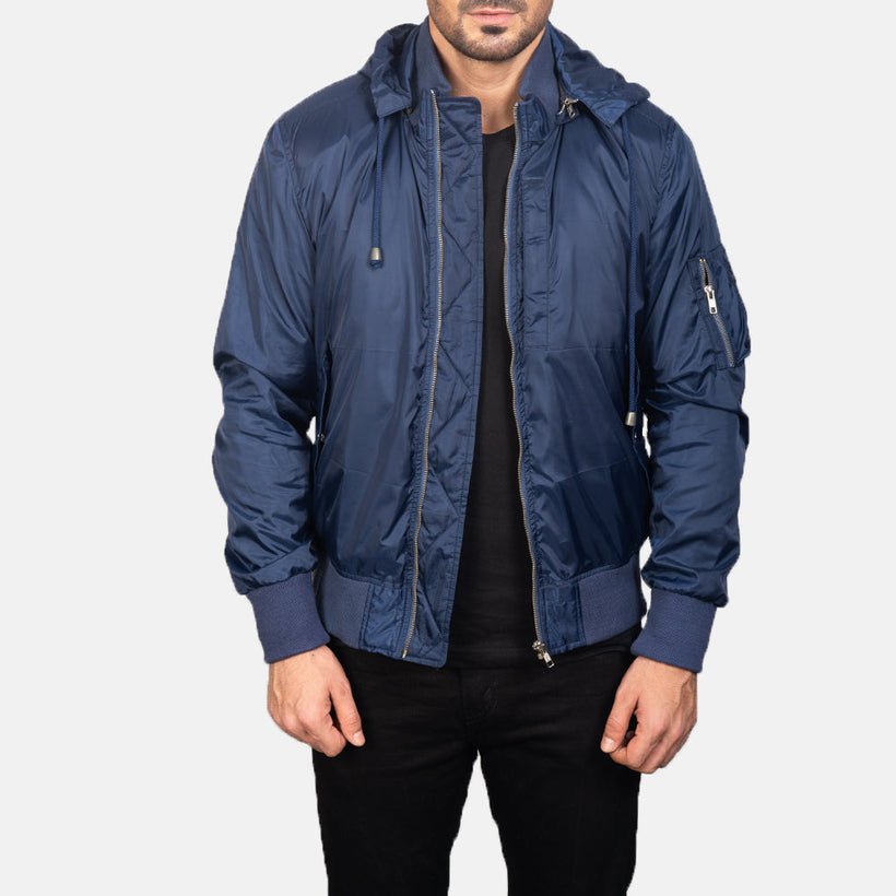 Hanklin MA-1 Bleu Hooded Blouson Bombardier en Cuir pour Homme