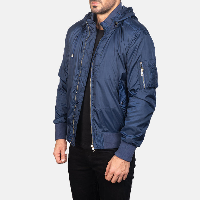 Hanklin MA-1 Bleu Hooded Blouson Bombardier en Cuir pour Homme
