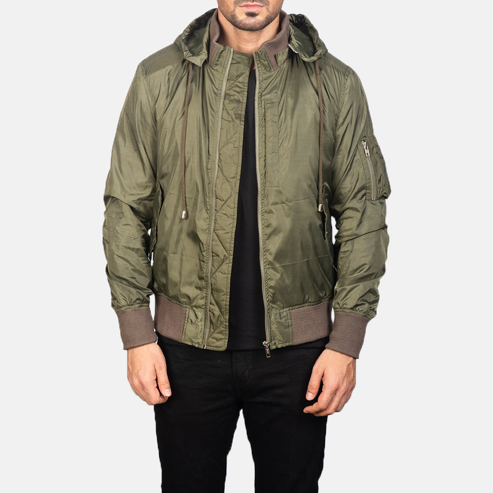 
Hanklin MA-1 Vert Hooded Blouson Bombardier en Cuir pour Homme - Vue de face & silhouette ajustée | Acheter en ligne