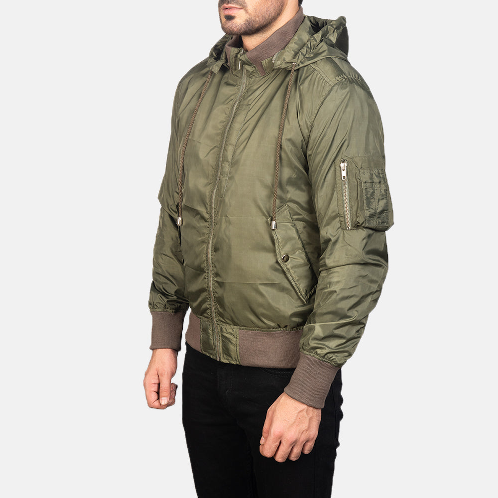 
Hanklin MA-1 Vert Hooded Blouson Bombardier en Cuir pour Homme - Vue arrière montrant la carrure ajustée et l'ourlet net