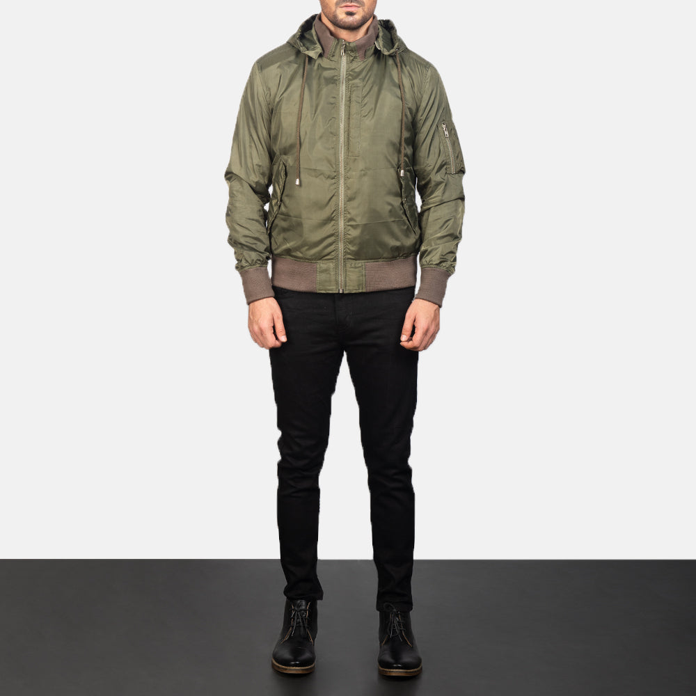 
Hanklin MA-1 Vert Hooded Blouson Bombardier en Cuir pour Homme - Vue de profil mettant en valeur la coupe de manche ergonomique