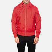 
Vue détaillée of Knit Rib with Removable Nylon Hood & Zipper Hardware on Hanklin Ma-1 Red Hooded Bomber Jacket