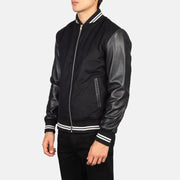 Black Sheepskin Leather Varsity Jacket - Vue de dos avec coupe ajustée aux épaules &amp; ourlet soigné