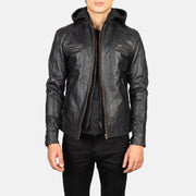 
Hector Noir Hooded Veste Motard en Cuir pour Homme in Black Cowhide Leather - Vue de face & silhouette ajustée | Acheter en ligne