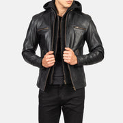 
Vue détaillée of Band with Snap Button & Zipper Hardware on Hector Noir Hooded Veste Motard en Cuir pour Homme