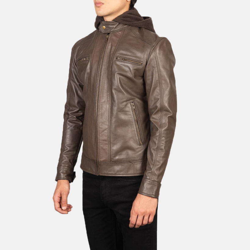 Hector Marron Hooded Veste Motard en Cuir pour Homme
