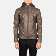 Vue détaillée of Band with Snap Button &amp; Zipper Hardware on Men's Hector Marron Hooded Veste Motard en Cuir pour Homme