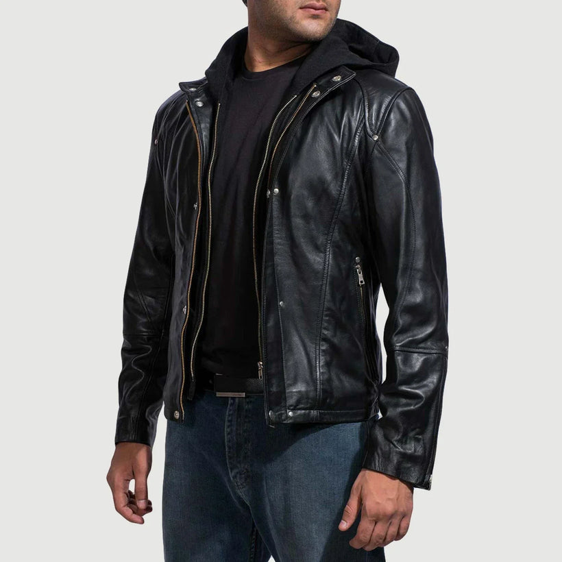 Highschool Noir Hooded Veste en Cuir pour Homme