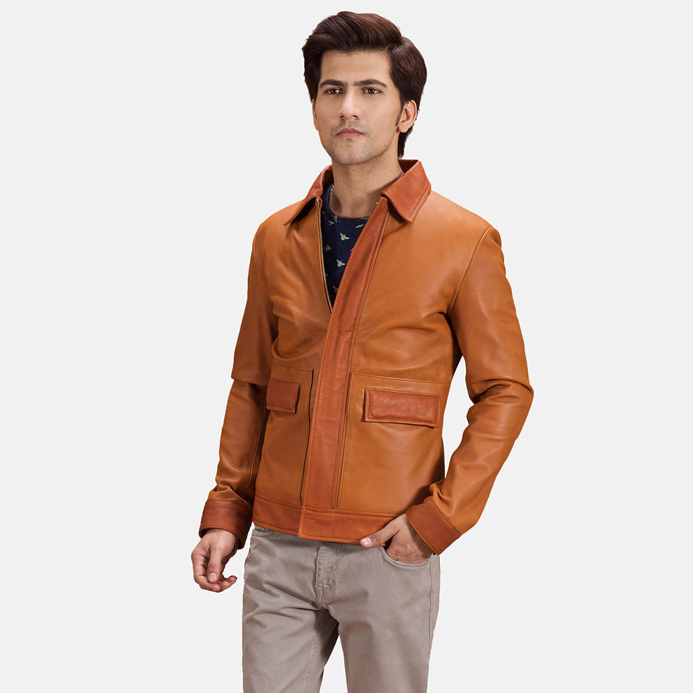 
Hubert Camel Marron Veste en Cuir pour Homme in Tan Brown Sheepskin Leather - Vue de face & silhouette ajustée | Acheter en ligne